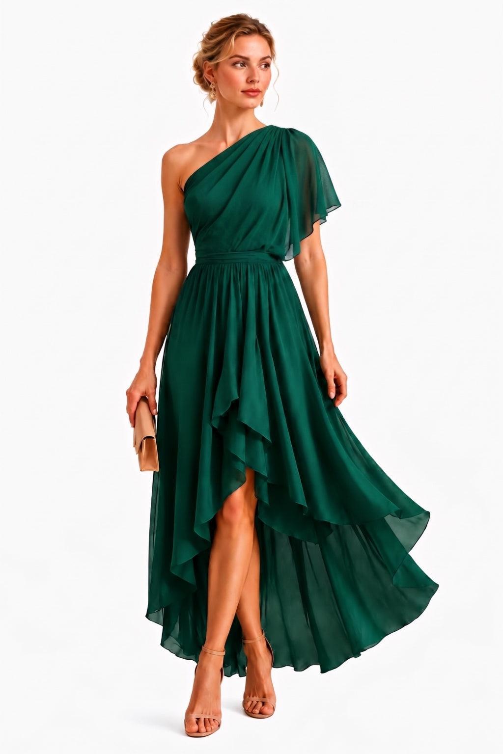 A-Line High-Low Chiffon Wedding Guest Dress CG0380 - Hunter Green - COCOMELODY